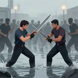 a fine illustration of an ultra violent knife fight in a crowded floodlit swimming pool at dawn in the style of herge