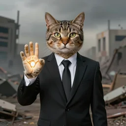 photorealistic anthropomorphic cat, wearing black business suit, holding illuminati hand symbol, post apocalyptic cinematic photorealistic background, still