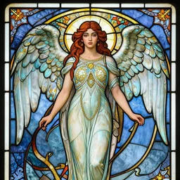 head-on symmetrical centered painted portrait, Avan jogia Angel, art nouveau, tarot card style, stained glass, fantasy, intricate, elegant, highly detailed, smooth, sharp focus, illustration, artstation, in the style of Artgerm and Anna Podedworna and Alex Ross and Mucha