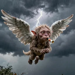 gollum with angel wings flying with cig in mouth, thunderstorm, rain, sad,
