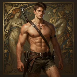 portrait of a young rugged ranger, handsome, toned body, upper body, hairy thighs, D&D, fantasy, intricate, cinematic lighting, highly detailed, digital painting, artstation, concept art, smooth, sharp focus, illustration, art by Artgerm and Greg Rutkowski and Alphonse Mucha