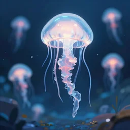 garden of ice jellyfish. award - winning 3 d anime by an indie studio, heavily stylized, rimlighting, depth of field, limited but vibrant palette, impressionism, chiaroscuro, minimalism, bokeh.