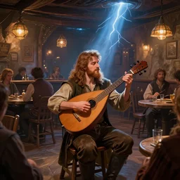 a bard playing a lute in a full tavern, color dnd illustration, in the style of Marc Simonetti and James Gurney, trending on artstation, wide angle, cinematic lightning