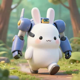 a 3 5 mm photo from the front of a giant mecha robot chubby cute rabbit walking in the woods, splash art, movie still, bokeh, canon 5 0 mm, cinematic lighting, dramatic, film, photography, golden hour, depth of field, award - winning, anamorphic lens flare, 8 k, hyper detailed, 3 5 mm film grain