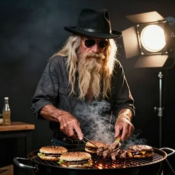photo still of billy gibbons of zz top!!!!!!!! at age 4 6 years old 4 6 years of age!!!!!!!! grilling hamburgers, 8 k, 8 5 mm f 1. 8, studio lighting, rim light, right side key light