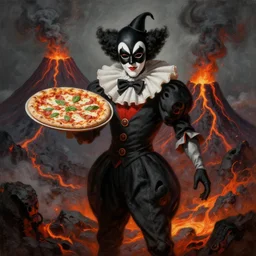 a highly detailed pulcinella with a pizza margherita, black mask, full body, volcano in background, lava and smoke, ominous, detailed painting by arturo faldi, trending on deviantart, octane, masterpiece, masqua