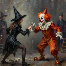 oil matte painting, witch fighting clown. digital painting, fantasy, concept art, cinematic colors, realistic shaded. by ilya kuvshinov, magali villeneuve, artgerm, greg rutkowski