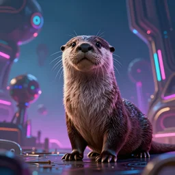 sanctuary otter,in the style of Zoran Janjetov and Julie Bell and Donato Giancola,trending on artstation, lanky lighting low angle view,mandelbulb 3d,Sabattier filter ,afrofuturism ,futuresynth ,Blade Runner 2049 ,