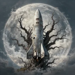 abandoned rocketship, many thick dark knotted branches, detailed, ethereal, round clouds, dramatic lighting, artwork