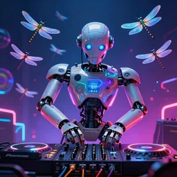 A hd paint of a robot Dj playing his mixer in a rave with a lot of dragonflies around him. Epic art, masterpiece, neon dragonfly, lights