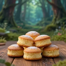 5 5 mm photo of a pile of freshly baked cake on a wooden table in a magical forest. dof. bokeh. magical atmosphere. art by greg rutkowski. highly detailed 8 k. intricate. lifelike. soft light. nikon d 8 5 0.