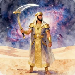 male bedouin warrior with scimitar, highly detailed, nebula, galaxy, desert, gold filigree, romantic storybook fantasy, soft cinematic lighting, award, disney concept art watercolor illustration by mandy jurgens and alphonse mucha and alena aenami, pastel color palette, featured on artstation