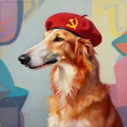 Portrait painting of a antropormophic Red Borzoi Dog using a communist red beret as an Overwatch character, medium shot, asymmetrical, profile picture, Organic Painting, sunny day, Matte Painting, bold shapes, hard edges, street art, trending on artstation, by Huang Guangjian and Gil Elvgren and Sachin Teng