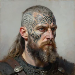 portrait painting of viking berserker with celtic face tattoos by jeremy mann, only one head single portrait