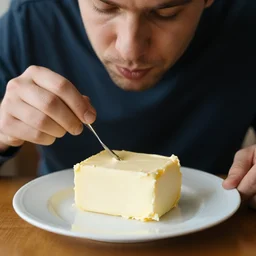 a man eating a large block of butter on a plate for dinner, dslr photo, stock