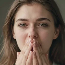 closeup headshot photo of the woman accidentally sneezing at the camera, detailed face details, fluid particles