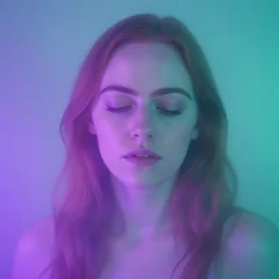 out of focus photorealistic portrait of emma stone by sarah moon, very blurry, translucent white skin, closed eyes, foggy, violet and aqua neon lights