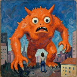 riotous, rich details cameraphone by henri matisse, by juliana nan. a beautiful digital art of a large, orange monster looming over a cityscape. the monster has several eyes & mouths, & its body is covered in spikes. it seems to be coming towards the viewer, who is looking up at it in fear.