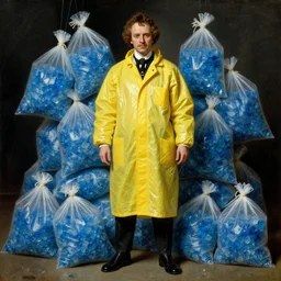 a beautiful full body portrait of heisenberg wearing a yellow plastic lab coat, hazmat, bags of blue crystals surrounding him, art by franz xaver winterhalter, highly detailed, elegant, jewlery, romanticism, rococo, neoclassicism, 1 8 5 0 s style painting, oil on canvas, vivid