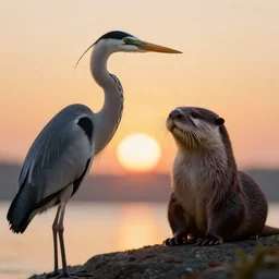 sunrise over a heron and an humanoid otter, macro photography, digital art by greg rutkowski, trending on artstation