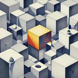 “geometrically incomprehensible surreal order of cubes, extremely high detail, photorealistic, intricate line drawings, painted cube spaces, dotart, album art in the style of James Jean”