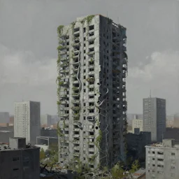 this painting is influenced with cyberpunk. a tall skyscraper lies in ruins, on a grey concrete urban sprawl. a tangle of vines and metal snake out of the now empty windows and balconies.