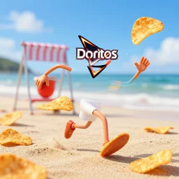 doritos chips with face and hands running at beach, high quality render, trending on art station