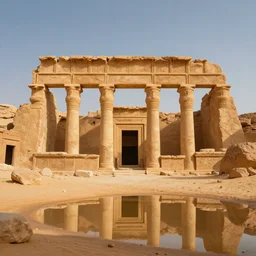 ancient ruins in a oasis in the desert, artstation, volumetric light, high detail, reflections, perfect, concept art, hdr, 4 k