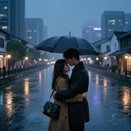 two lovers embracing in the rain at night in a modern chinese city next to a canal, high quality digital art, concept art, trending on arstation, dreamy, hyperrealist