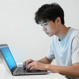 male teenager looking at a laptop with bright screen with digital letters floating out, inside a dark room, digital art