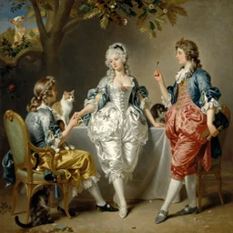 oil painting by fragonard of a fete galante at trianon with cats instead of people.