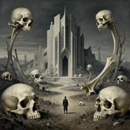 a surreal english national opera set by by ross tran and ivan aivazovsky. skulls, big bones, eerie, somber tone. by beeple beksinski. surreal architecture, bizzare landscape, precisionism