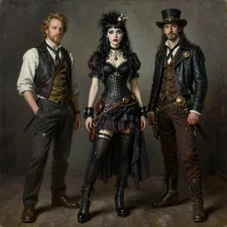 Richard Schmid and Jeremy Lipking and Roberto Ferri full length portrait painting of a young beautiful victorian steampunk goth punk rock woman