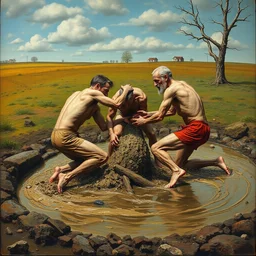 3 drunks fall over mud - wrestling,, where's wally, oil painted ( ( ( ( by salvador dali ) ) ) )