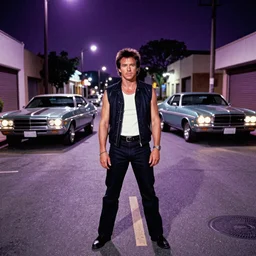70s dressed Kurt Russel posing and in the background there two 70’s muscle cars parked on a deserted city street at night time, purple lighted street, wide angle, cinematic, retro-wave vibes, grainy, soft motion blur