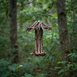 A bird feeder made out of branches in the middle of a forest