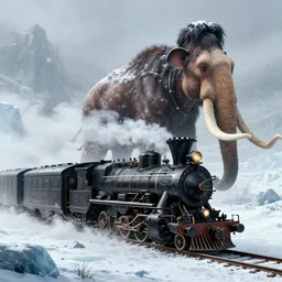 an intricate futuristic black steam train and a giant mammoth, post - apocalyptic ice landscape in snowstorm, concept art, artstation, highly detailed, digital art