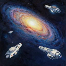 spaceships seeding the galaxy with ai art prompts in the style of alphonso mucha