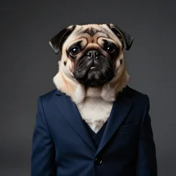 pug in a suit, studio photography, canon r 6, cinematic light