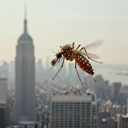 massive mosquito flying over new york city, smog, photorealistic