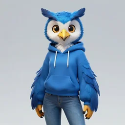 front facing portrait. humanoid furry! anthro, anthro, anthro, avian, avian, avian!!! fursona, bird, bird, bird!!! digital art! trending on artstation! subject wearing hoodie and jeans!! subject is female!! female!!! big beak, big beak, big beak!!! blue feathers!! birdfolk!! owlkin!!