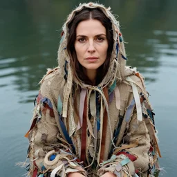 closeup portrait of a woman with a cloak made of ribbons and twine, sitting in water, by Annie Leibovitz and Steve McCurry, natural light, detailed face, CANON Eos C300, ƒ1.8, 35mm, 8K, medium-format print