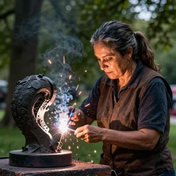 cinematography woman welding sculpture in the park by Emmanuel Lubezki