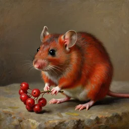 red rat with a sprig of mountain ash in its paw realistic painting by karl bryullov, small details