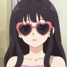by tadanori yokoo. anime girl wearing heart shaped sunglasses.