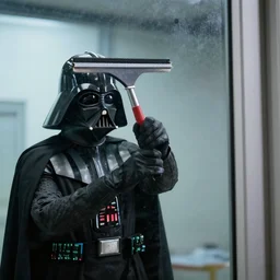 a photograph of darth vader cleaning the windows with a squeegee