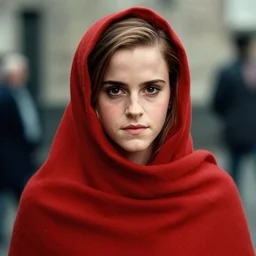 emma watson in a red shawl looking intently at the camera, a colorized photo by steve mccurry, featured on cg society, hyperrealism, associated press photo, provia, wide lens