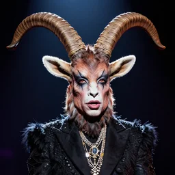 singer Iggy Pop in Elaborate Pan Satyr Goat Man Makeup and prosthetics on stage with large goat ears designed by Rick Baker, Hyperreal, Head Shots Photographed in the Style of Annie Leibovitz, Studio Lighting