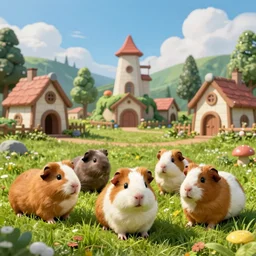 a group of guinea pig that are in the grass in front of fairy village, concept art by senior environment artist, cgsociety, furry art, artstation hq, playstation 5 screenshot