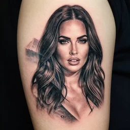 double exposure effect tattoo design sketch of megan fox with beautiful mountain scenery, realism tattoo, in the style of matteo pasqualin, amazing detail, sharp